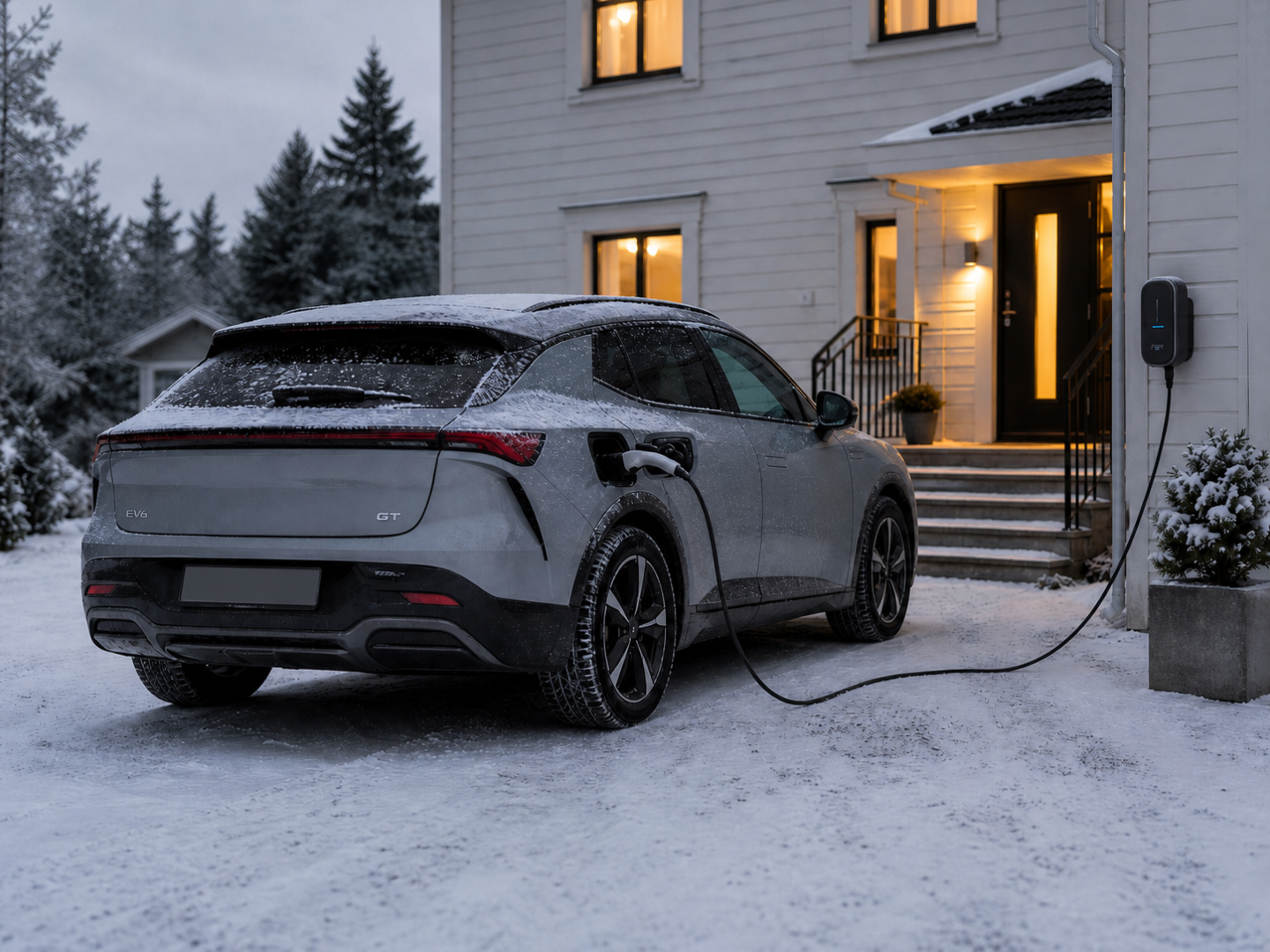 Sähköauto laturin nokassa talvisissa maisemissa