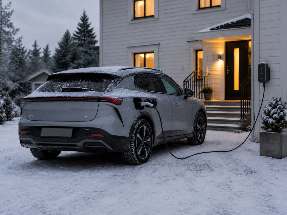 Sähköauto laturin nokassa talvisissa maisemissa